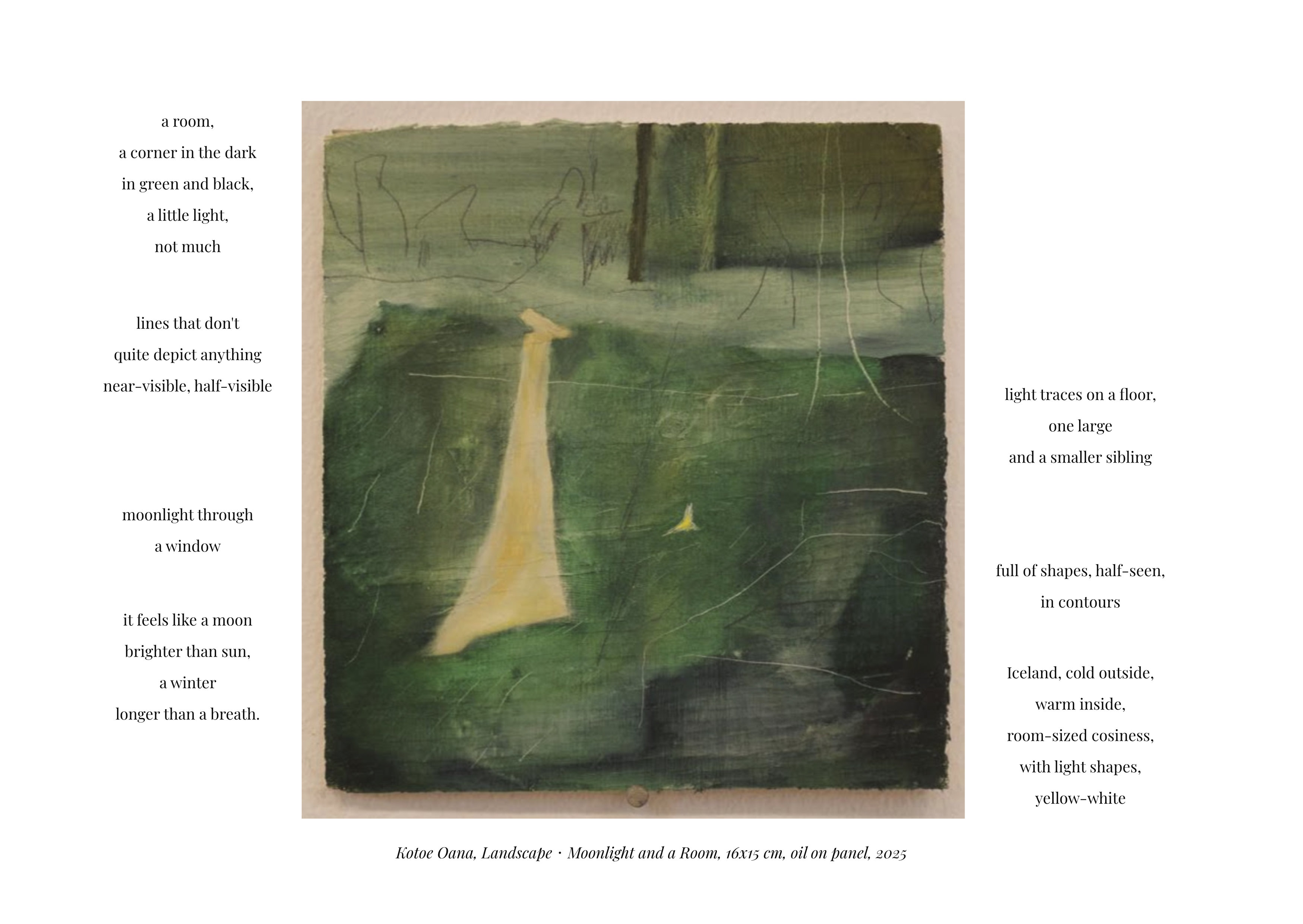 An abstract green-toned painting suggesting moonlight 
        in a dim room, with a partially visible window and two yellow light-shapes on the floor. The image is presented 
        with poetic listening notes on both sides, framing the artwork as a reflective, responsive piece.

        The listening notes printed on the left and right sides respond to the painting in poetic language. They describe 
        a dark green-and-black room with a small amount of light; lines that almost depict something but remain half-seen; 
        moonlight through a window; and a feeling of winter, stillness, and time stretched longer than a breath. The notes 
        reference light traces on the floor, one large and one smaller, shapes that feel half-visible and contour-like, 
        and an atmosphere of Icelandic cold outside contrasted with warmth and coziness inside. The text frames the 
        painting as a sensory, emotional, and interpretive experience rather than a literal scene.

        Below the image, a caption reads: Kotoe Oana, Landscape: Moonlight and a Room, 16x15 cm, oil on panel, 2025.